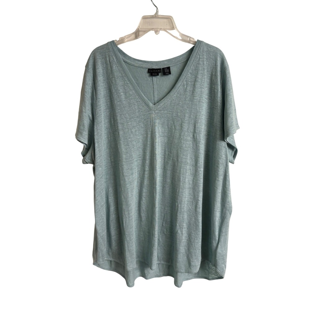 Tahari Women 2X Light Seaform Blue Green 100% Linen V-Neck Short Sleeve Top
